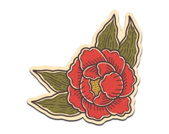 Red Peony Sticker Vintage Tattoo Style Floral Decal.