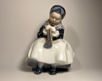 Vintage - Royal Copenhagen Denmark 1314 Amager Girl Sitting Knitting Figurine