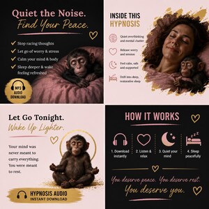 Benefits of Stop Overthinking at Night hypnosis audio including calming racing thoughts and quieting the mind monkeys.