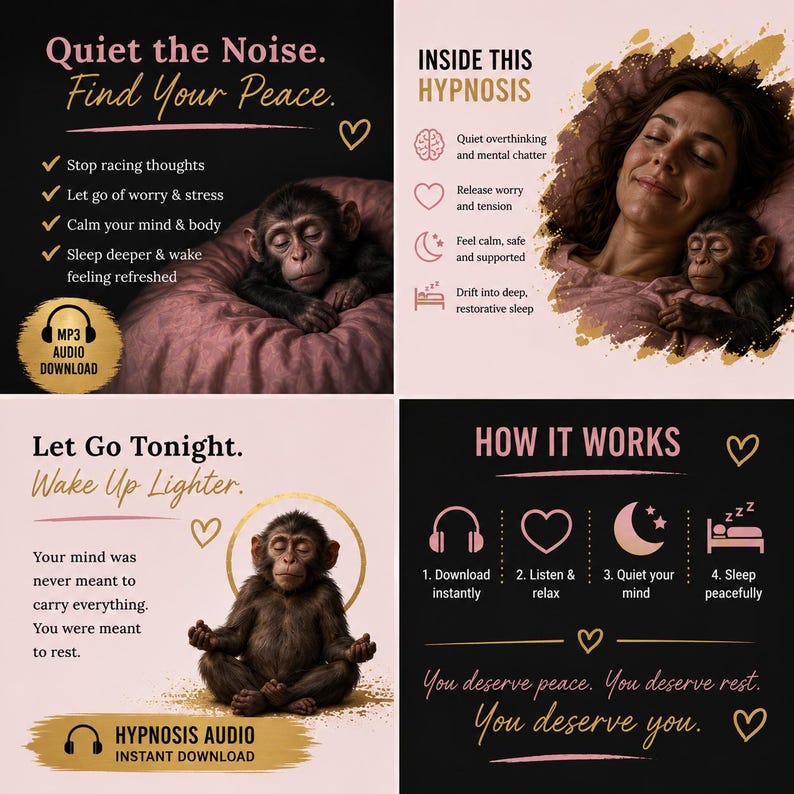 Benefits of Stop Overthinking at Night hypnosis audio including calming racing thoughts and quieting the mind monkeys.