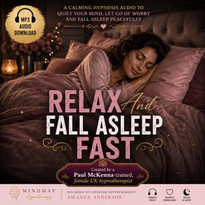 Relax and Fall Asleep Fast hypnosis MP3 cover featuring a woman sleeping peacefully in a luxurious pink bed. Calming sleep audio for quieting the mind and letting go of worry, created by a Paul McKenna-trained female UK hypnotherapist.