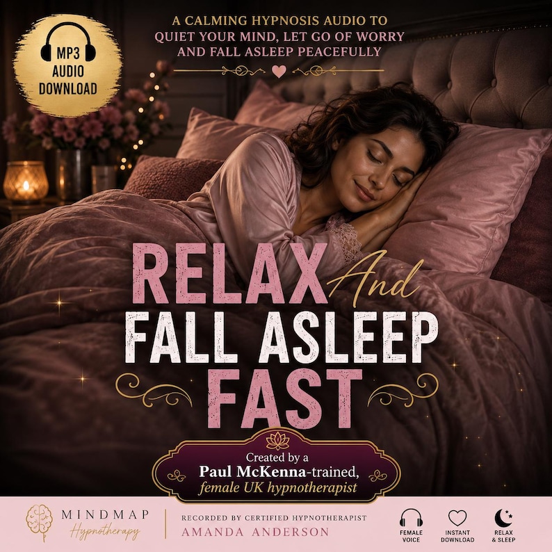 Relax and Fall Asleep Fast hypnosis MP3 cover featuring a woman sleeping peacefully in a luxurious pink bed. Calming sleep audio for quieting the mind and letting go of worry, created by a Paul McKenna-trained female UK hypnotherapist.