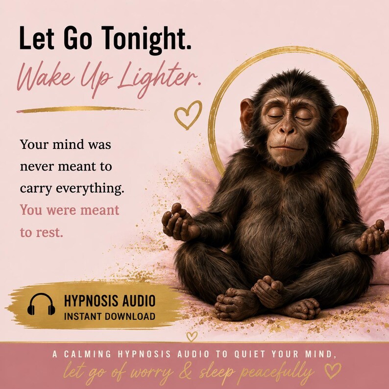 Meditation monkey illustration symbolising calm thoughts, relaxation and peaceful sleep, after listening to this hypnosis