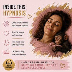 Hypnosis audio features showing guided relaxation for overthinking, worry and mental overload before sleep. Image of a smiling woman and a tiny monkey, sleeping peacefully.