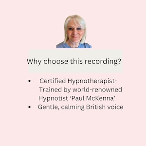 Pode incluir: Um gr&aacute;fico digital com uma fotografia de uma pessoa com cabelo loiro pelos ombros a usar uma camisa azul. O texto diz: Why choose this recording? Certified Hypnotherapist-Trained by world-renowned Hypnotist Paul McKenna. Gentle, calming British voice.