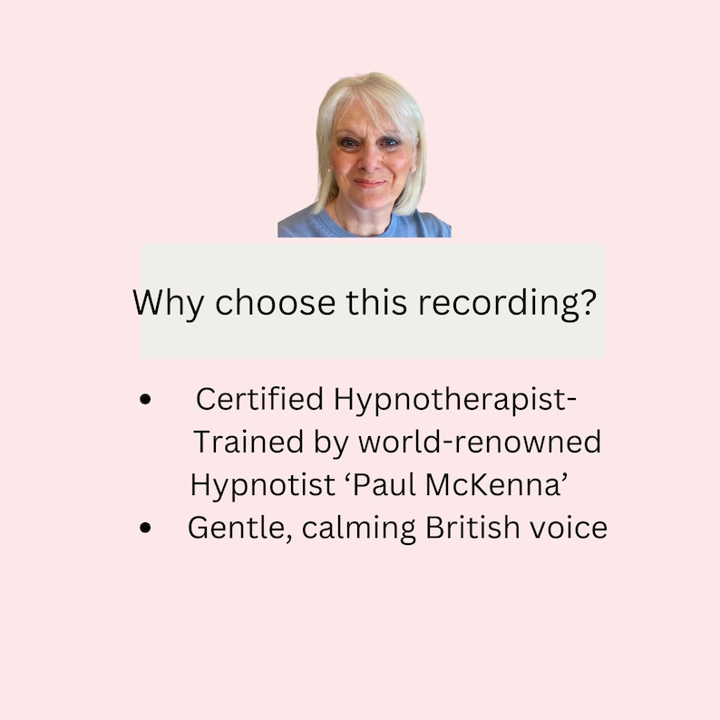 Pode incluir: Um gr&aacute;fico digital com uma fotografia de uma pessoa com cabelo loiro pelos ombros a usar uma camisa azul. O texto diz: Why choose this recording? Certified Hypnotherapist-Trained by world-renowned Hypnotist Paul McKenna. Gentle, calming British voice.