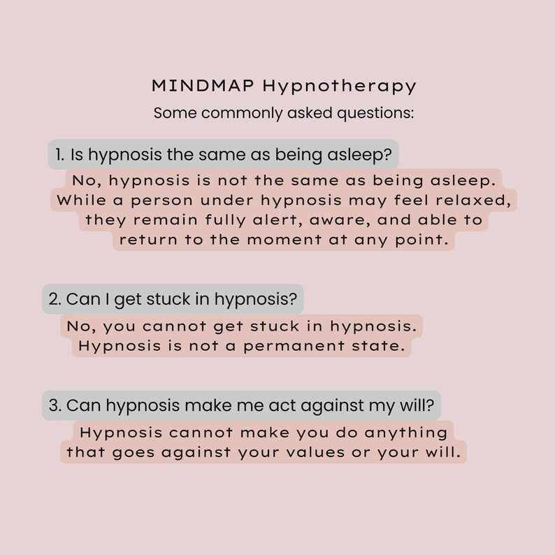 Pode incluir: Um gr&aacute;fico informativo rosa claro intitulado MINDMAP Hypnotherapy com tr&ecirc;s perguntas numeradas e respostas sobre hipnose, esclarecendo que n&atilde;o &eacute; sono, que n&atilde;o se pode ficar preso e que n&atilde;o anula a vontade ou os valores pessoais.
