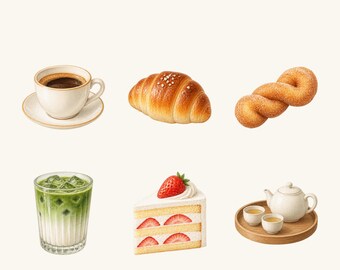 Koreanskt kafé Clipart-set, 6 transparenta PNG-designer med kaffe och bakverk för menyer och journaler