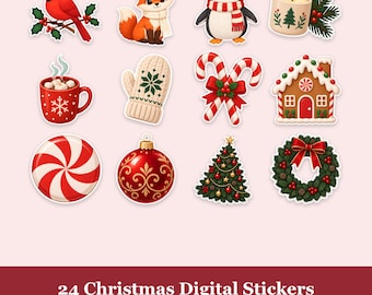 Digitala julklistermärken, 24 söta vinterdjur och mysiga högtidsklistermärken i PNG-format, transparent clipart för digitala planerare