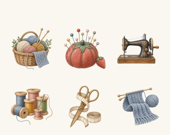 Sewing and Knitting Clipart PNG Set, 6 Watercolor Craft Room Designs for Planners and Labels