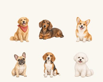 Dog Breeds Clipart PNG Set, 6 Watercolor Puppies for Pet Gifts, Cards and Stickers