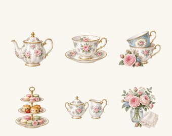 Tea Party Clipart PNG Set, 6 Watercolor Floral Teapot and Teacup Designs for Invitations