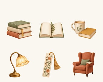 Mysig läsning clipart set, 6 bokliga transparenta PNG-designer för dagböcker och papperspyssel