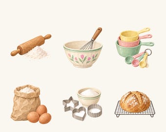 Baking Clipart PNG Set, 6 Watercolor Kitchen Tools for Recipe Cards, Bakery Labels and Journals
