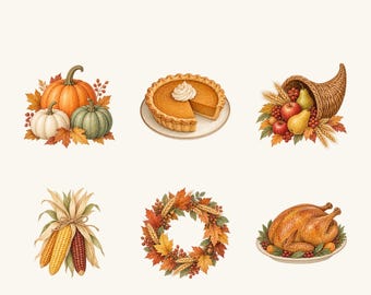 Thanksgiving Clipart PNG Set, 6 Watercolor Harvest Designs, Pumpkins, Pie, Cornucopia and Turkey