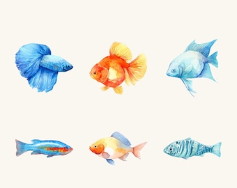 Akvarell akvariefisk Clipart, 6 transparenta PNG-designer för dagböcker och små hantverk
