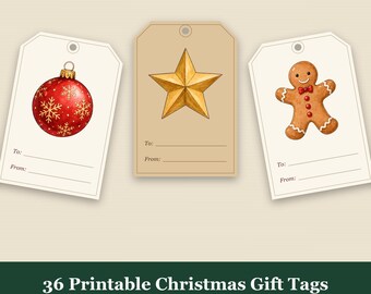 36 utskrivbara julklappsetiketter, akvarell julklappsetiketter, kräm- och kraftpapper, US Letter och A4 PDF-nedladdning