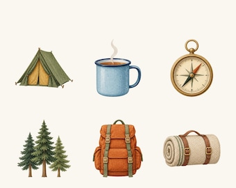 Clipart-set med skogscamping, 6 transparenta PNG-designer för utomhusaktiviteter
