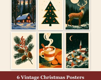Vintage julväggkonst set med 6, utskrivbara retro vinterposters, stuga renträd kakaoby tryck, digital nedladdning