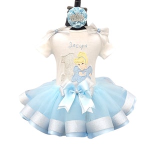 Cinderella Glitter Personalized Birthday Blue and Silver Ribbon Tutu Set Shirt Tutu Bows Headband Princess Cinderella Birthday Outfit