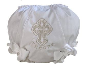 White and Silver Cross Personalized Christening Baptism Diaper Cover Bloomers NB Infant Toddler