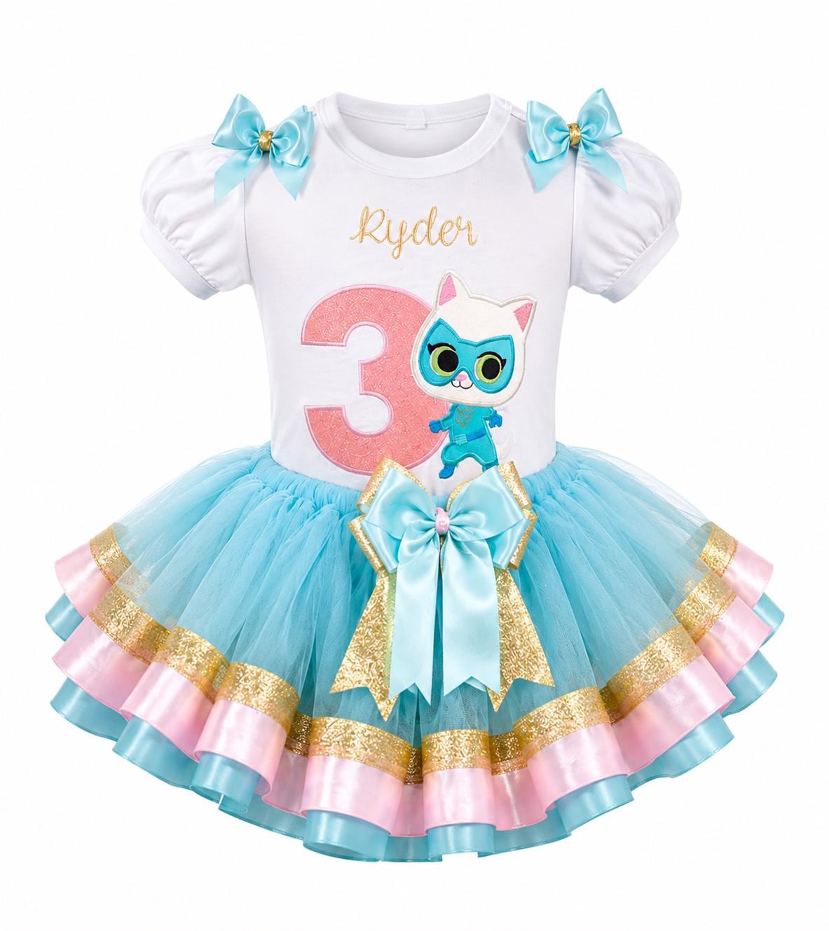 Bitsy Glitter Personalized Birthday Aqua-Pink-Gold Ribbon Tutu Set Shirt Tutu Bows & Hair Bow Super Kitties Bitsy Birthday Birthday Outfit