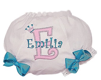 COTTON CANDY Colors  PRINCESS Crown Pink and Blue Applique Personalized Name and Initial  Personalized Diaper Cover Bloomers