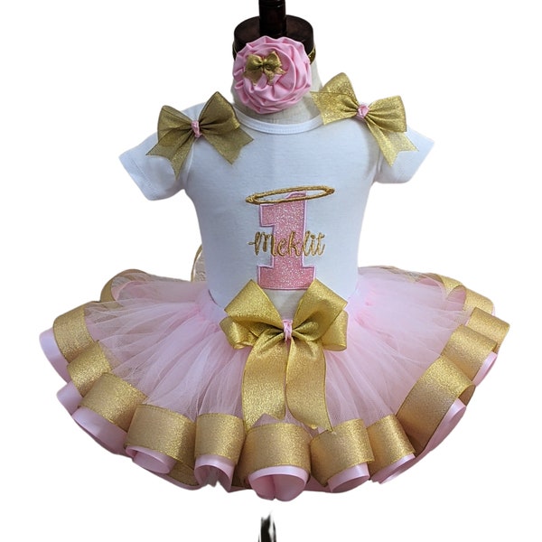 Little Angel Halo Personalized Birthday Pink and Gold Ribbon Tutu Set Shirt Tutu Bows Headband Angel Halo Birthday Outfit Any Age