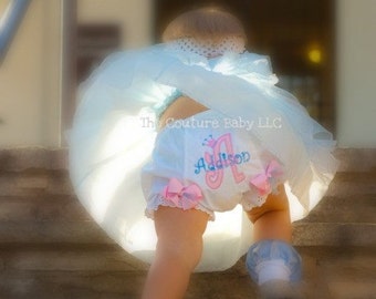 Cinderella Personalized Pink and Blue Name and Initial Applique Princess Crown Diaper Cover Bloomers
