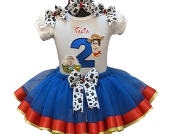 Toy Story Personalized Birthday Blue-Red-Yellow Ribbon Tutu Set Shirt Tutu Bows Headband Toy Story Woody and Buzz Birthday Outfit