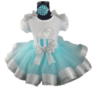 Little Blue Gift Box Glitter Personalized Birthday Blue and Silver Ribbon Tutu Set Shirt Tutu Bows Headband  Birthday Outfit