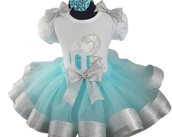 Little Blue Gift Box Glitter Personalized Birthday Blue and Silver Ribbon Tutu Set Shirt Tutu Bows Headband  Birthday Outfit