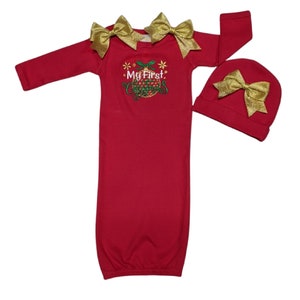 1st Christmas Red and Gold Layette Gown add Hat Option First Christmas Pajamas