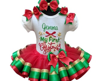 MY FIRST CHRISTMAS Red Green and Gold Ribbon Tutu 3 Piece Set Tutu Shirt and Headband Embroidered Outfit