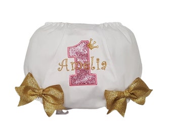 Birthday Pink & Gold Glitter Personalized Diaper Cover Bloomers with Gold Bows Crown Princess Birthday Diaper Cover Bloomer