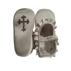 White Satin Crystal Rhinestone Cross Christening Baptism Baby Girl Shoes