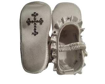 White Satin Crystal Rhinestone Cross Christening Baptism Baby Girl Shoes