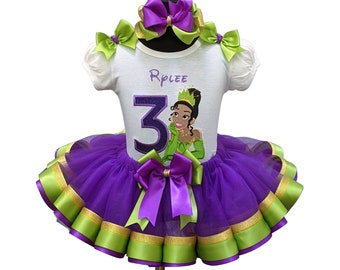 Tiana Glitter Personalized Birthday Purple Gold and Green Ribbon Tutu Set Shirt Tutu Bows Hair Bow-Princess Frog Tiana Birthday Outfit