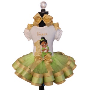 BABY Tiana Glitter Personalized Birthday Green Gold Ribbon Tutu Set Shirt Tutu Bows & Hair Bow Frog Princess Tiana Birthday Birthday Outfit