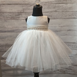 Tulle Ivory Tea Length Dress with Pearl and Crystal Sash After Christening Ivory Dress Ivory Christening Dress