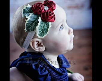 Holly Berry Christmas Rosette Crystal Headband READY TO SHIP Clip or Headband Holiday  Mommy & Me Christmas Headband