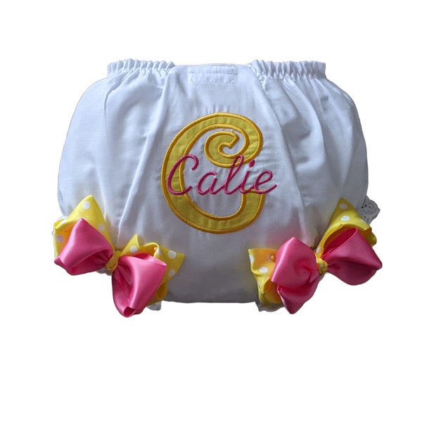 Pink and Yellow Dot Personalized Name Initial Diaper Cover Bloomers with Bows Newborn Infant Toddler Baby Custom Color Your Baby Bloomer