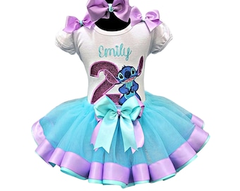 Stitch Personalized Birthday Ribbon Tutu Set Shirt Tutu Bows Headband Stitch Birthday Outfit Tutu Set