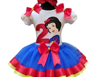 Snow White Glitter Personalized Birthday Ribbon Tutu Set Shirt Tutu Bows Headband Princess Snow White Birthday Outfit Any Age