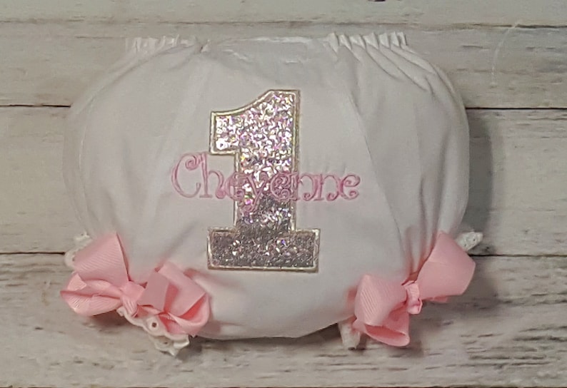 BIRTHDAY Pink /& Silver Applique Diaper Cover PERSONALIZED Bloomers with Boutique Bows Design your own
