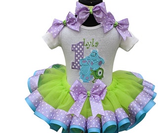 Monsters Personalized Birthday Lime Green & Lavender Dot Ribbon Tutu Set Shirt Tutu Bows Headband Monsters Birthday Outfit