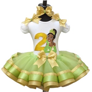 Tiana Glitter Personalized Birthday Green and Gold Ribbon Tutu Set Shirt Tutu Bows & Hair Bow Frog Princess Tiana Birthday Birthday Outfit