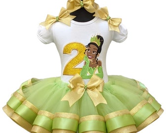Tiana Glitter Personalized Birthday Green and Gold Ribbon Tutu Set Shirt Tutu Bows & Hair Bow Frog Princess Tiana Birthday Birthday Outfit