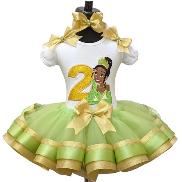 Tiana Glitter Personalized Birthday Green and Gold Ribbon Tutu Set Shirt Tutu Bows & Headband Frog Princess Tiana Birthday Birthday Outfit