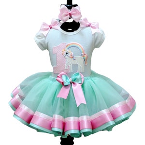 Unicorn Glitter Personalized Birthday Aqua  Pink and Lavender Ribbon Tutu Set Shirt Tutu Bows Headband Unicorn Birthday Outfit